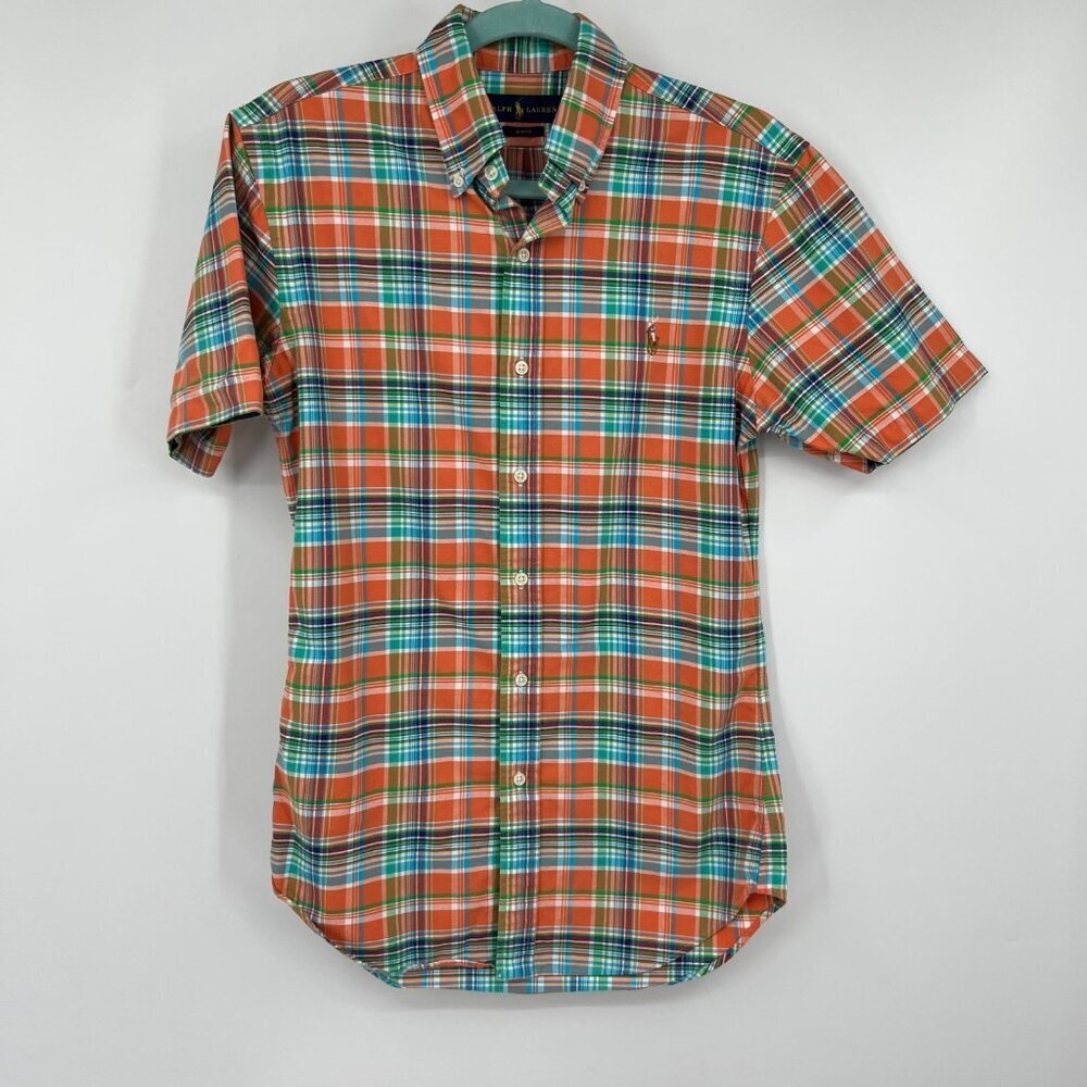 Polo Ralph Lauren Shirt Blue orange plaid Check colored embroidered Pony Mens si